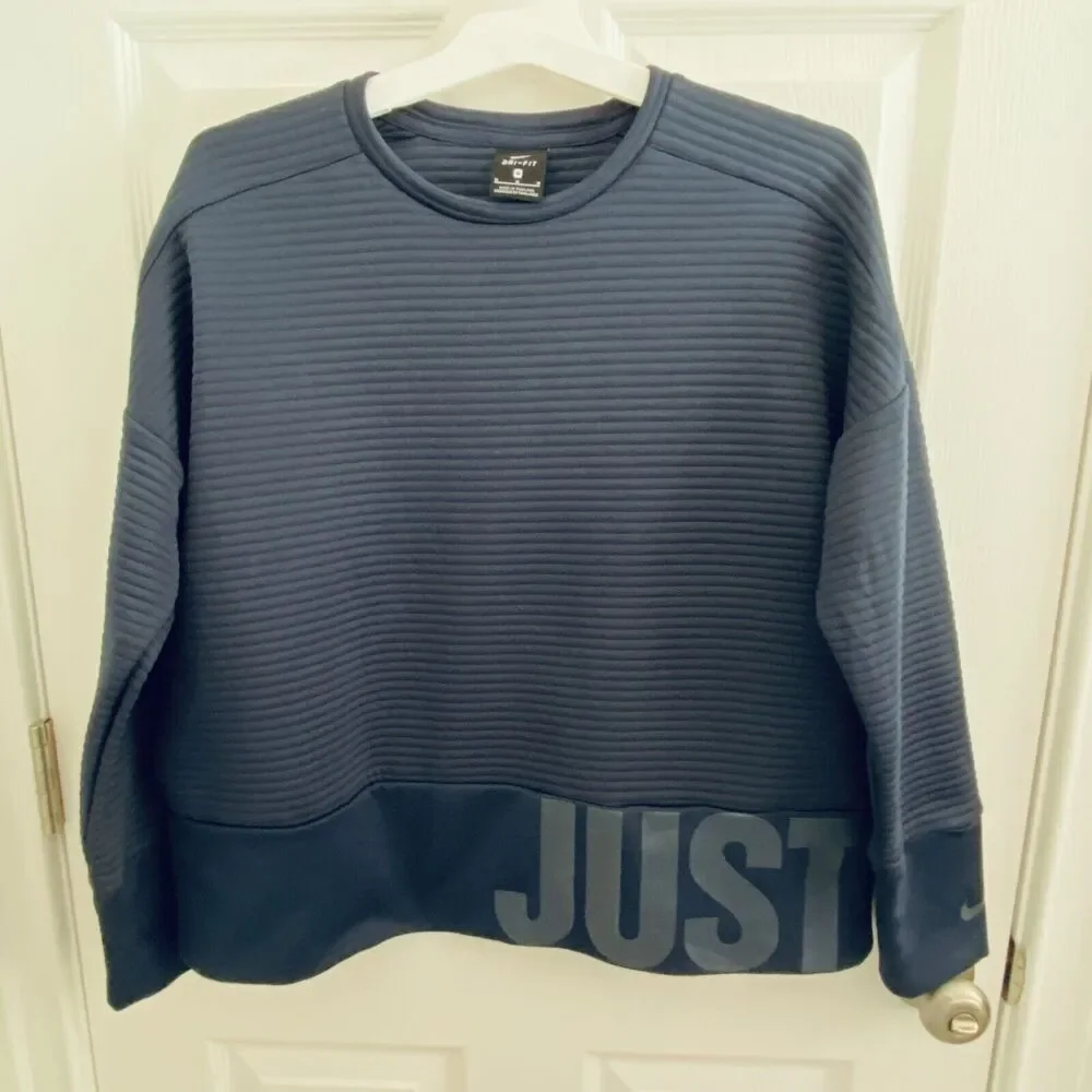 Nike Sweatshirt Dri Fit Shirt Womens Just Do It Size M Knit Ribbed Navy Pockets